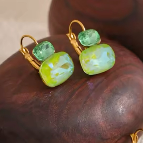 Anthropologie Jewelry - Green Crystal Drop Earrings – Stainless Steel, PVD Real Gold Plated